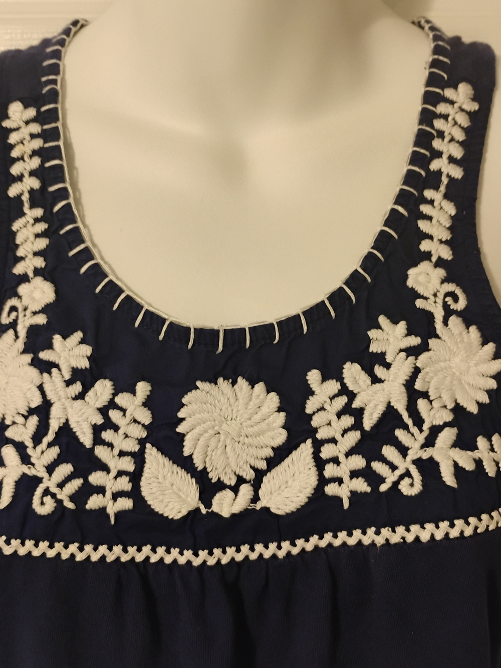 Embroided Navy Tank Top with White Floral Embroidery
